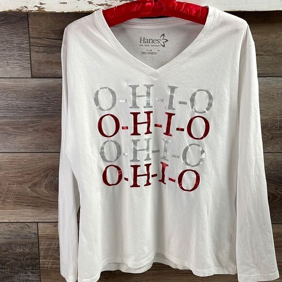 Hanes Ladies Ohio State Long Sleeve Tshirt, Size Large,White w/ Sparkly Letters - Picture 2 of 5
